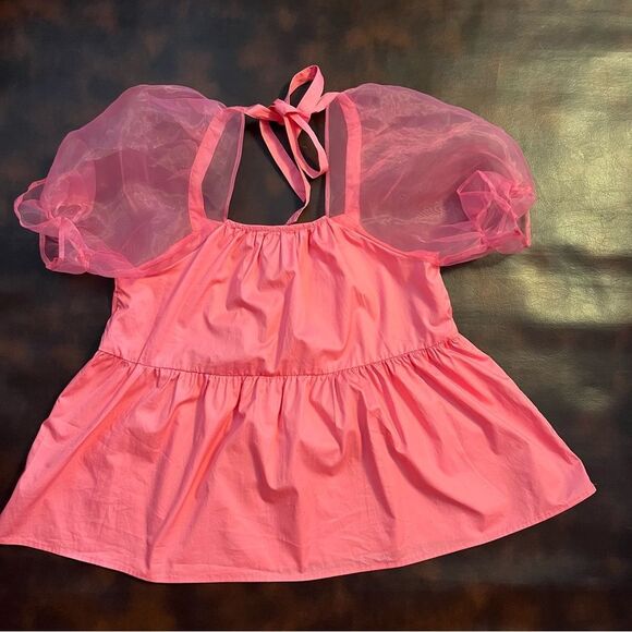 Pomander Place Tuckernuck Tinsley Top Tulle Sheer Puff Sleeve Pink Babydoll Med - Picture 7 of 10